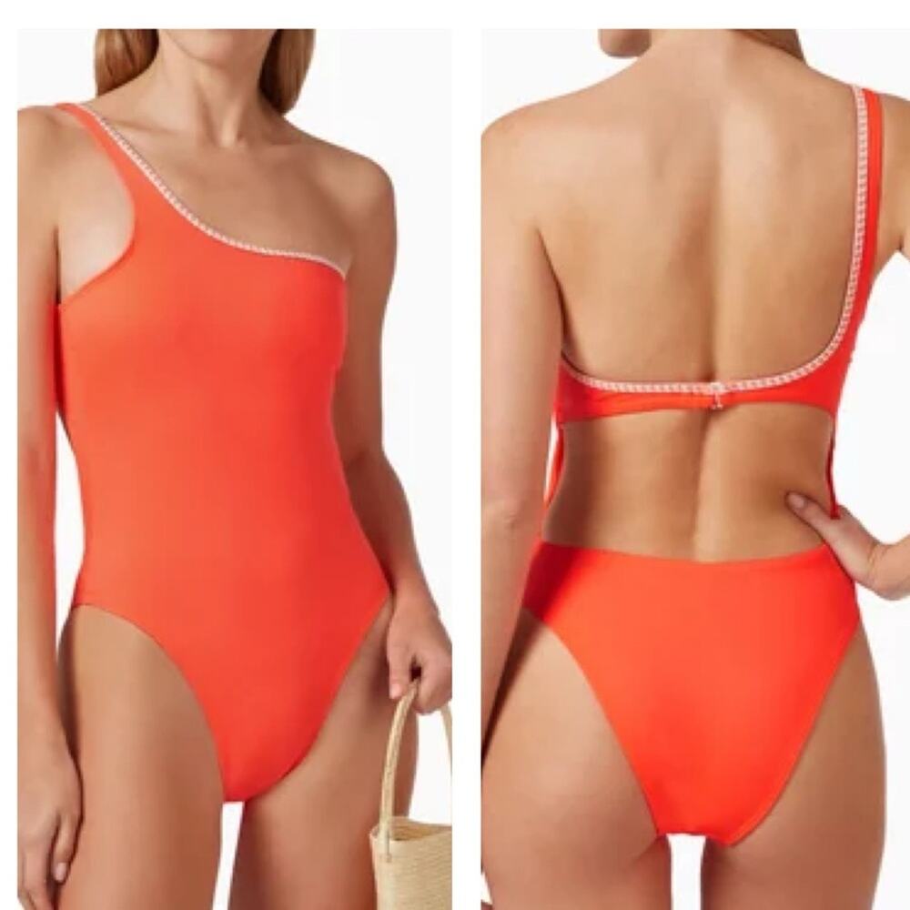 Lemlem Lena One-Shoulder One Piece Cutout Swimsuit in Orange Sz Small NWT
